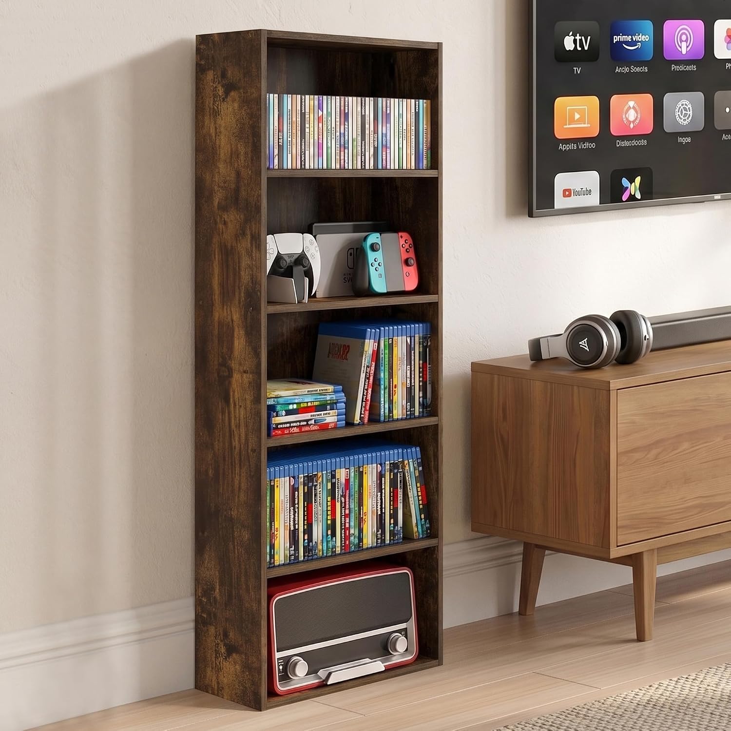 Furinno Basic DVD Shelf, 5-Tier CD Rack, Cube Storage, Amber Pine