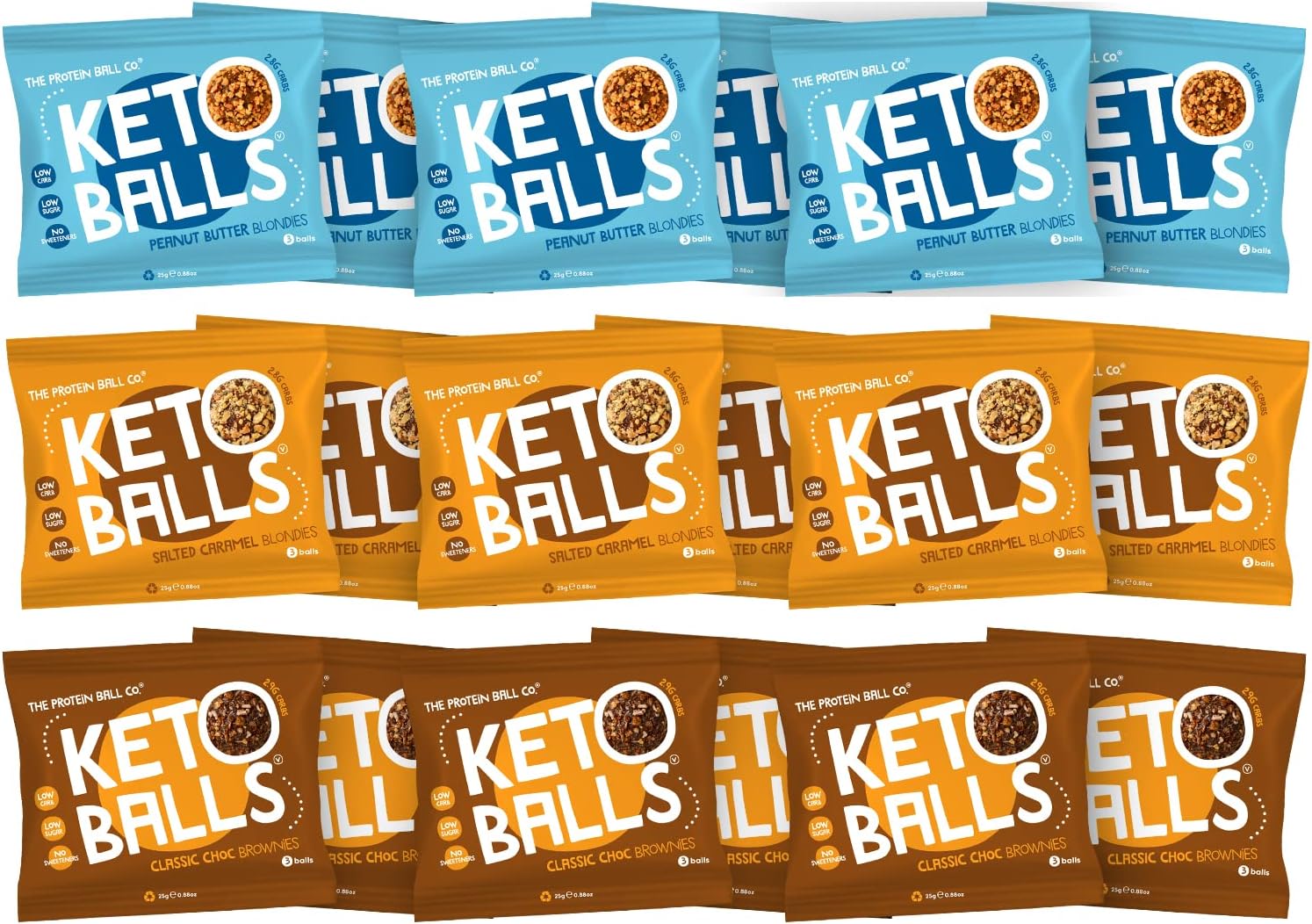 The Protein Ball Co Keto Starter Pack - 3 Ball Bags of Keto Snacks - 100% Natural, No Added Sugar, Low Carb, High Fibre Sweet Snacks - Plant-Based & Gluten Free - 18 x 25g (6 Bags per Flavour)