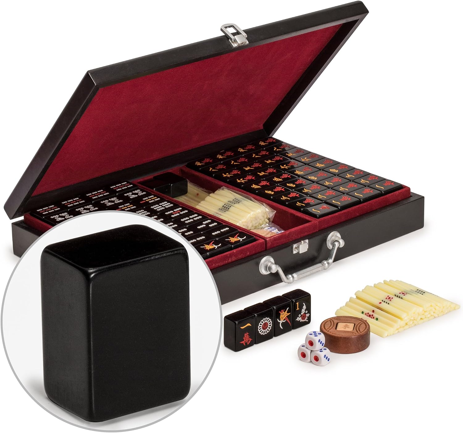 YMI Jet Set Chinese Mahjong Set, 148 Black Acrylic Tiles, Wooden Case