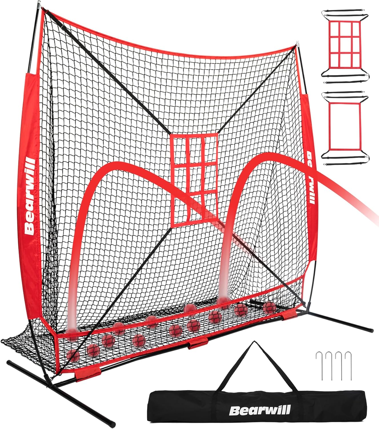 Bearwill Baseball Net, 7x7ft Baseball Softball Pitching Net with Large Ball Collection System, Hitting Net Batting Net with Tee, 2 Strike Zones, Carry Bag, Baseball Nets for Batting Hitting Pitching
