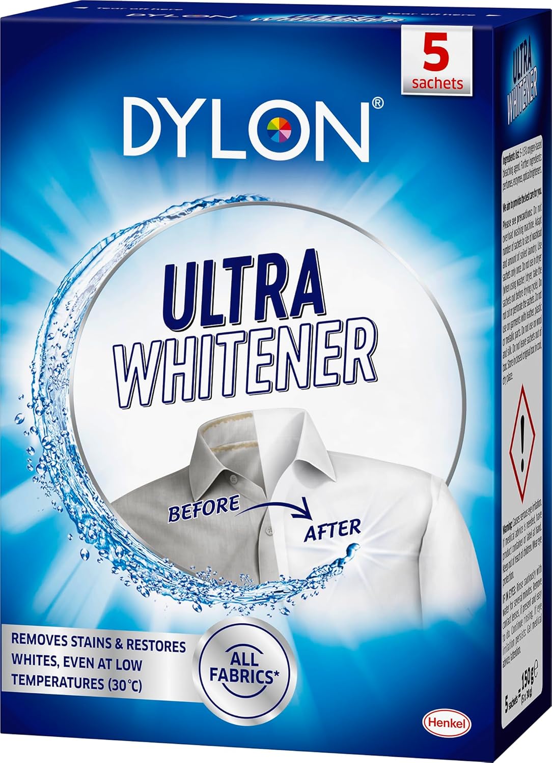 Dylon Ultra Whitener, Whitens and Revives White Laundry, Removes Stains, for all Fabrics - Pack of 5 Sachets