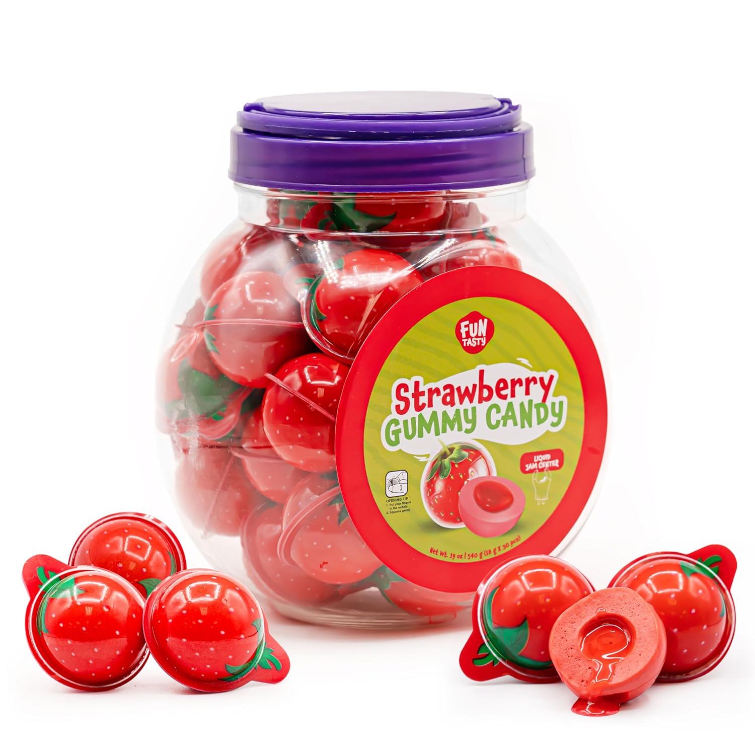 Strawberry Gummy Balls - 19 Ounce Jar (30 Count) - Jelly Filled Gummies - Individually Wrapped Gummy Candy - Kids Party Favors - Candy for Goody Bags by Funtasty