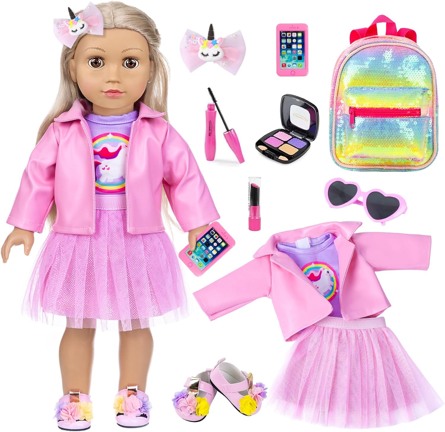 ZNTWEI American 18 Inch Doll Makeup Accessories and Clothes Sunglasses Phone Eye Shadow Lipstick Blusher Hair Clip Backpack Doll Clothes and Shoes Makeup Play Set Gifts ( No Doll )
