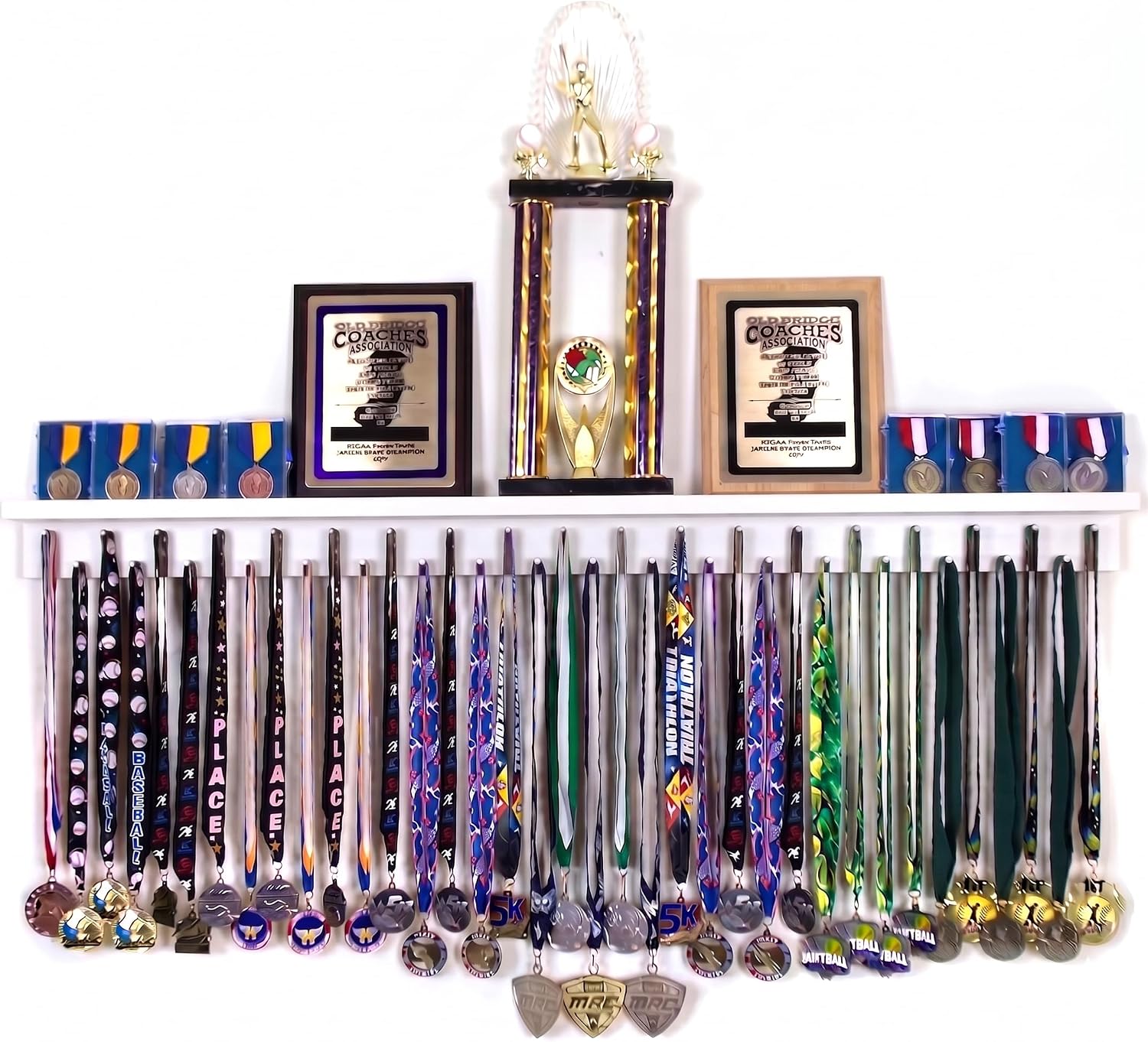 MedalAwardsRack 4ft- Premier Medal Hanger Display Rack and Trophy Shelf for Gymnastics, Soccer, Basketball, Football, and More. The Largest Medal and Award Display- 48”