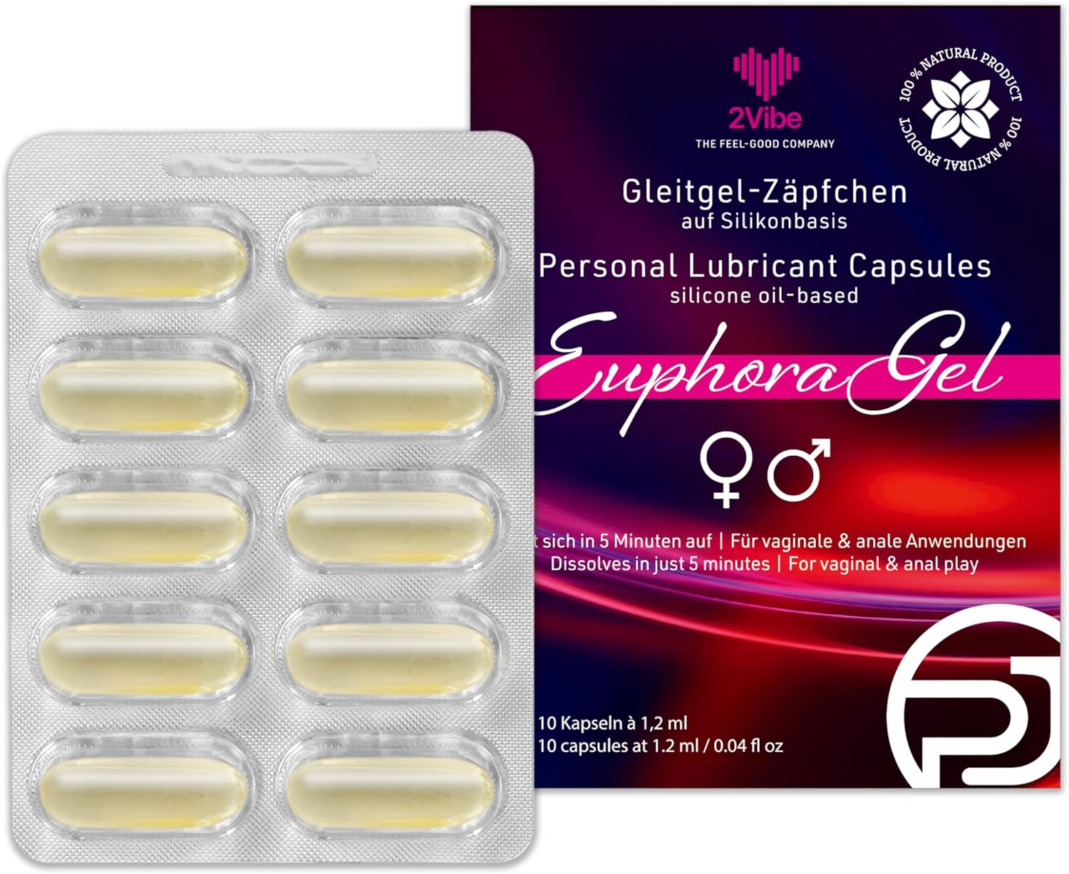 2Vibe EuphoraGel Personal Lubricant Capsules, Discreet Suppository Format, Silicone-Based, Premium Sexual Enhancement 10 Count (10 x 1.2 ml)