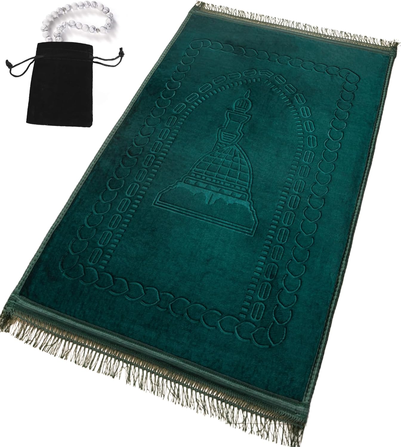 Prayer Rug Muslim Mat Islamic - Thick Large Padded Sajadah with Islam Prayer Beads for Eid Travel Ramadan, Soft Luxury Great for Knees and Forehead (Green R)