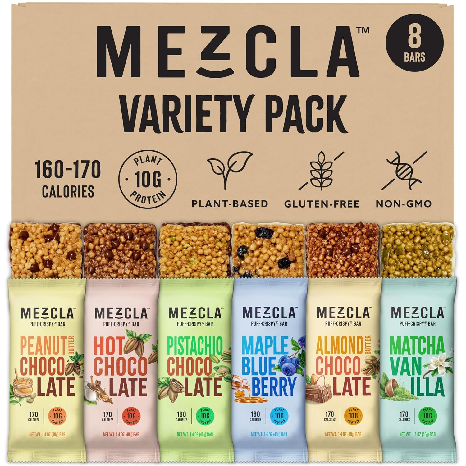 Mezcla Puff Crispy Protein Bars, Gluten Free & Vegan Protein Bars, 10g Protein, Alt for Crispy Rice Treat, Granola Bars & Breakfast Bars, Healthy Snacks for Adults, Variety Pack, 8 Count