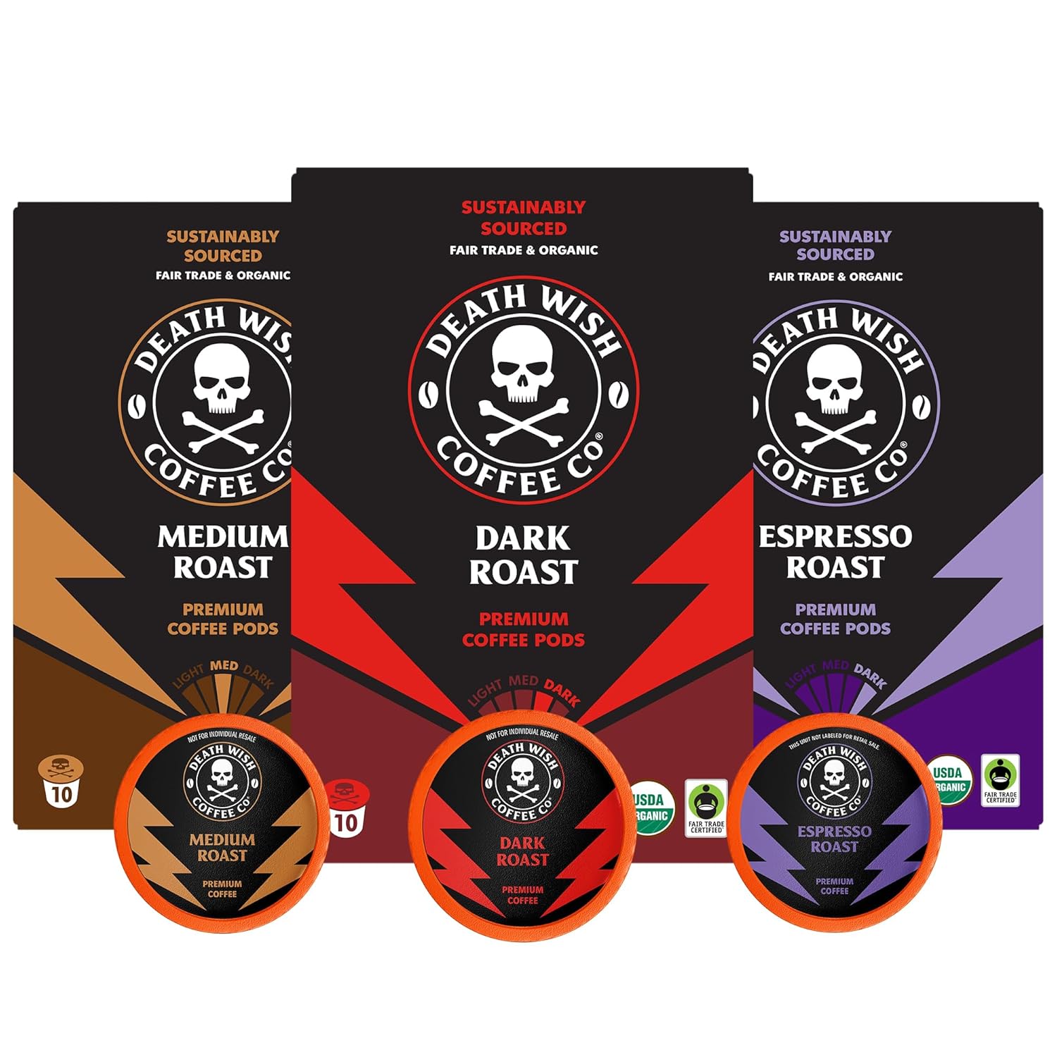 Death Wish Coffee Co., Single Serve Coffee - 10 Each of Medium, Dark, and Espresso Roast - Mixed Roast Variety Pack