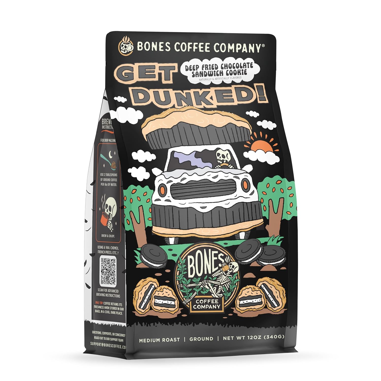 Bones Coffee Company Get Dunked!, Deep Fried Chocolate Cookie Sandwhich Flavored Coffee, Medium Roast Low Acid Arabica Beans Compatible with Auto drip and French Press Coffee Maker, 12 Oz Whole Bean