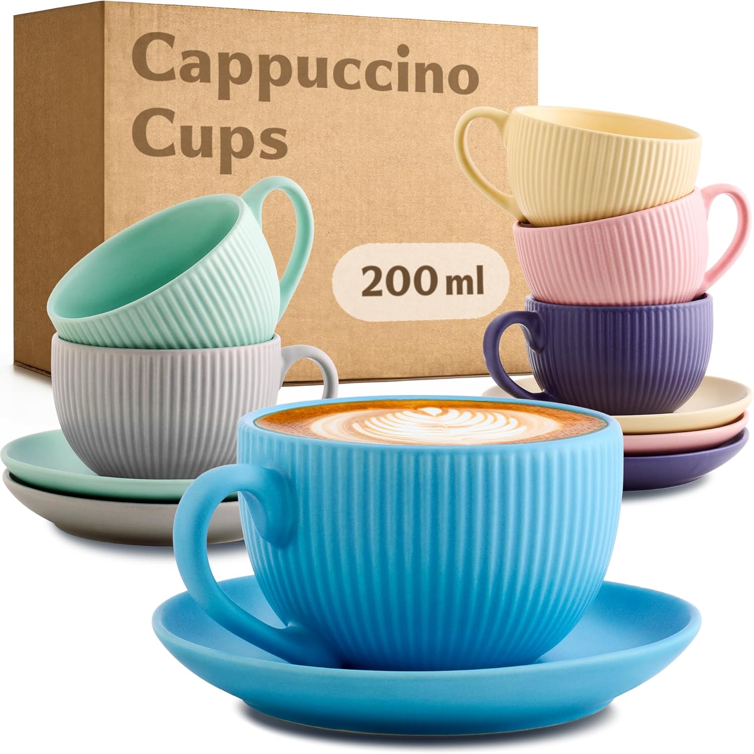 Cosumy Cappuccino Cups with Saucers - Set of 6 - Multi-Coloured matt - 200ml - Stripe Pattern Ceramic - Dishwasher Safe - Grooved Coffee Mugs with Handle