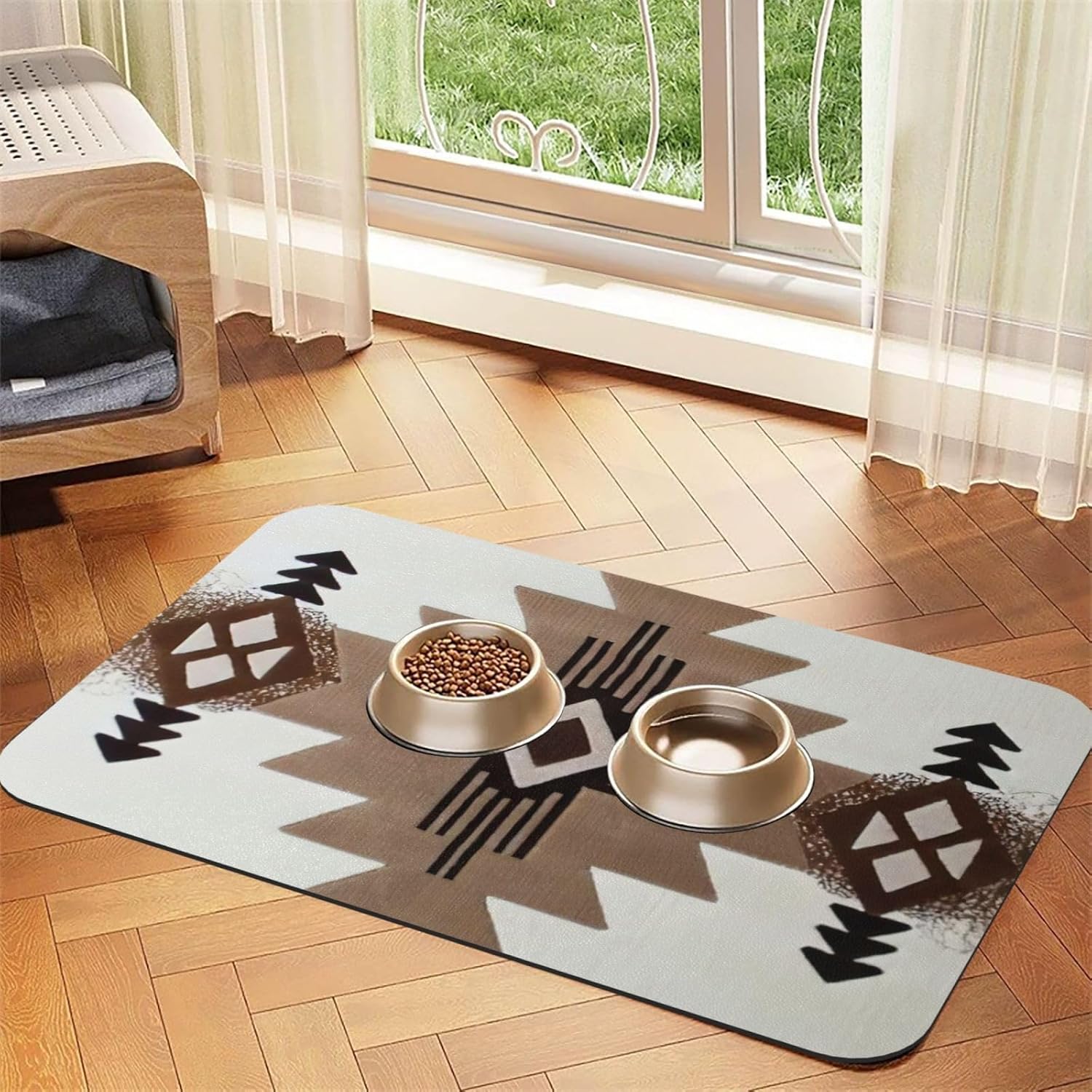 Native American print Cats Pet Bowl Placemat Pet Feeding Mats for Dogs, Non-Slip PU Leather Tablecloth for Pets