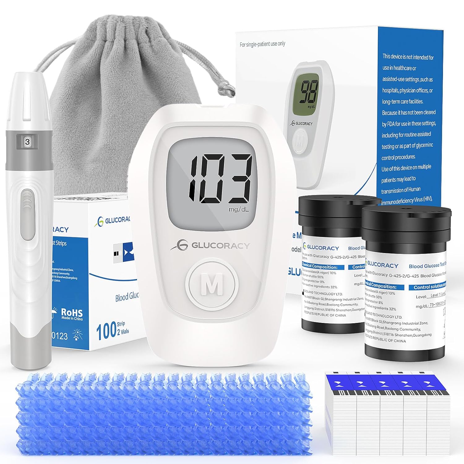 G-425 Glucose Monitor Kit, Blood Sugar Monitor with Glucose Meter, Lancing Device, 100 Test Strips and 100 Lancets, Blood sugar testing kit for Home Use, Diabetes Home Testing Kit