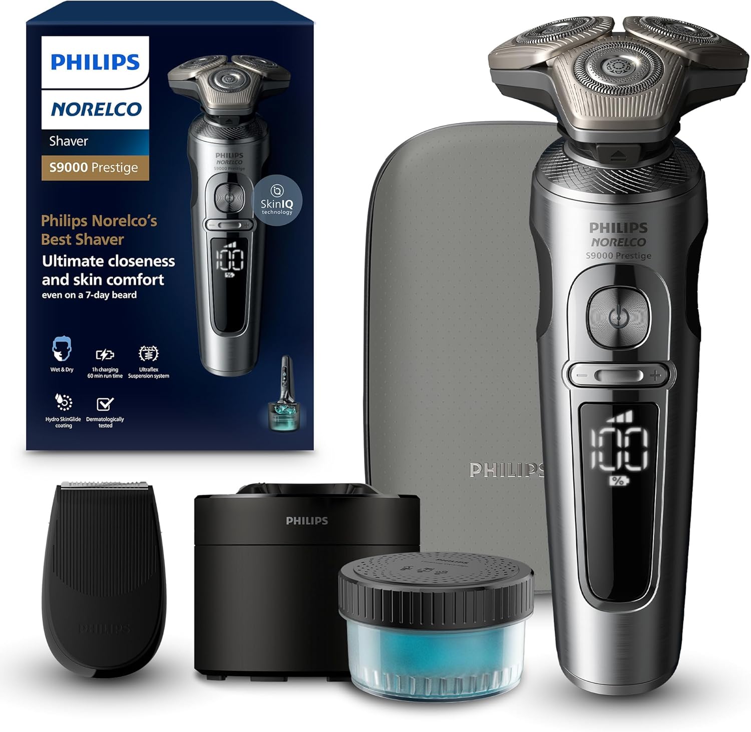 Philips Norelco S9000 Prestige Rechargeable Wet & Dry Electric Rotary Shaver with Precision Trimmer, Premium Case & Cleaning System, SP9841/84