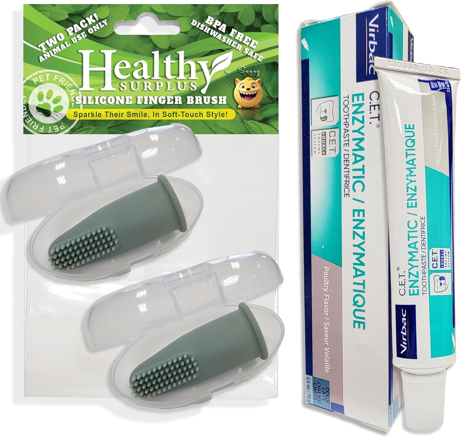 Silicone Finger Brush Twin Pack | 1 Virbac CET Enzymatic Poultry Toothpaste 2.5 oz/70 g | Fresh Breath, Plaque & Tartar Control | Dog Tooth Brushing Kit Oral Care for Pets