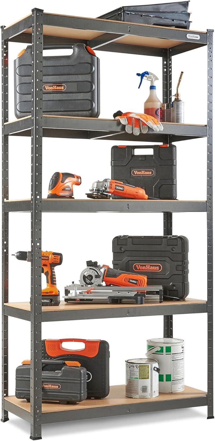 VonHaus Garage Shelves 5 Tier - Heavy Duty Garage Racking with Massive 875kg Capacity, 175KG per Shelf - Metal Shelving for Shed and Workshop Storage - 180cm x 90cm x 40cm (Metal, Single)