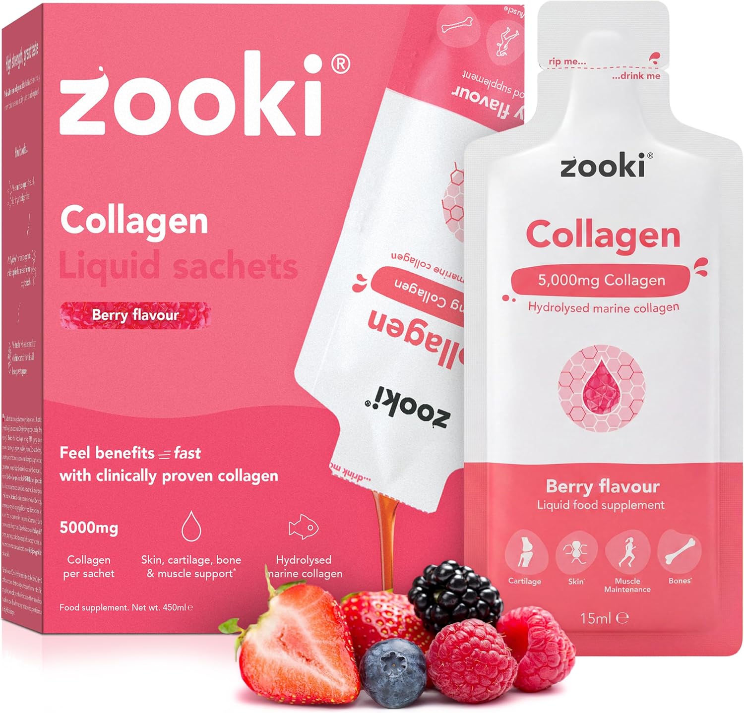 Zooki Marine Collagen 5,000mg Liquid Sachets, Berry, 14 Servings