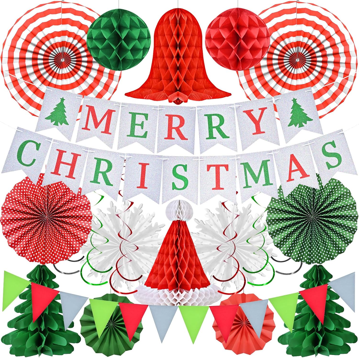 AhfuLife Christmas Decorations Party Banner Set, Reusable Merry Christmas Paper Banner Indoor Decoration for Home, Xmas Bunting Hanging Honeycomb for Xmas Party Decorations
