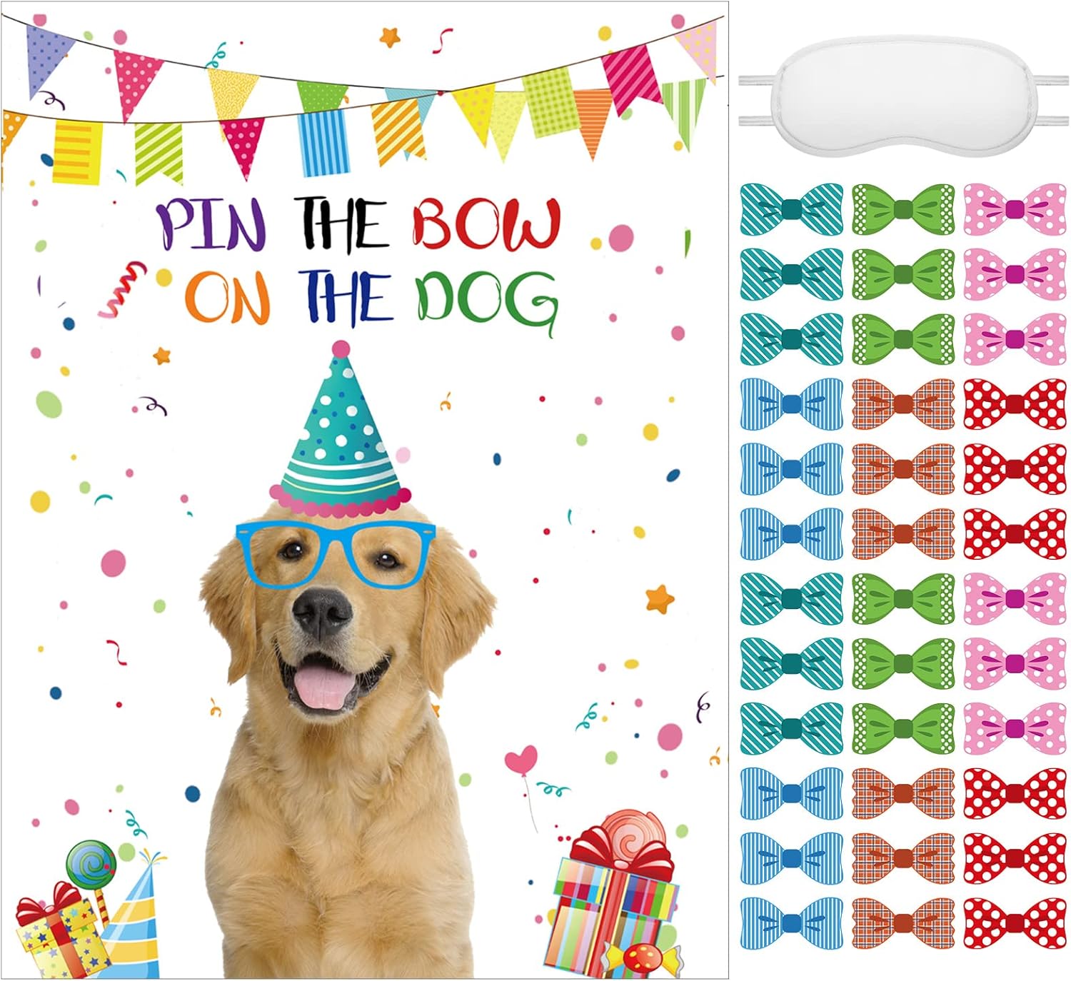 38 Pcs Pin The Tail on The Puppy Dog Party Games Give The Dog a Bow Pin The Dog Poster for Kids with Blindfolds and Stickers for Puppy Dog Themed Birthday Party Supplies Decorations