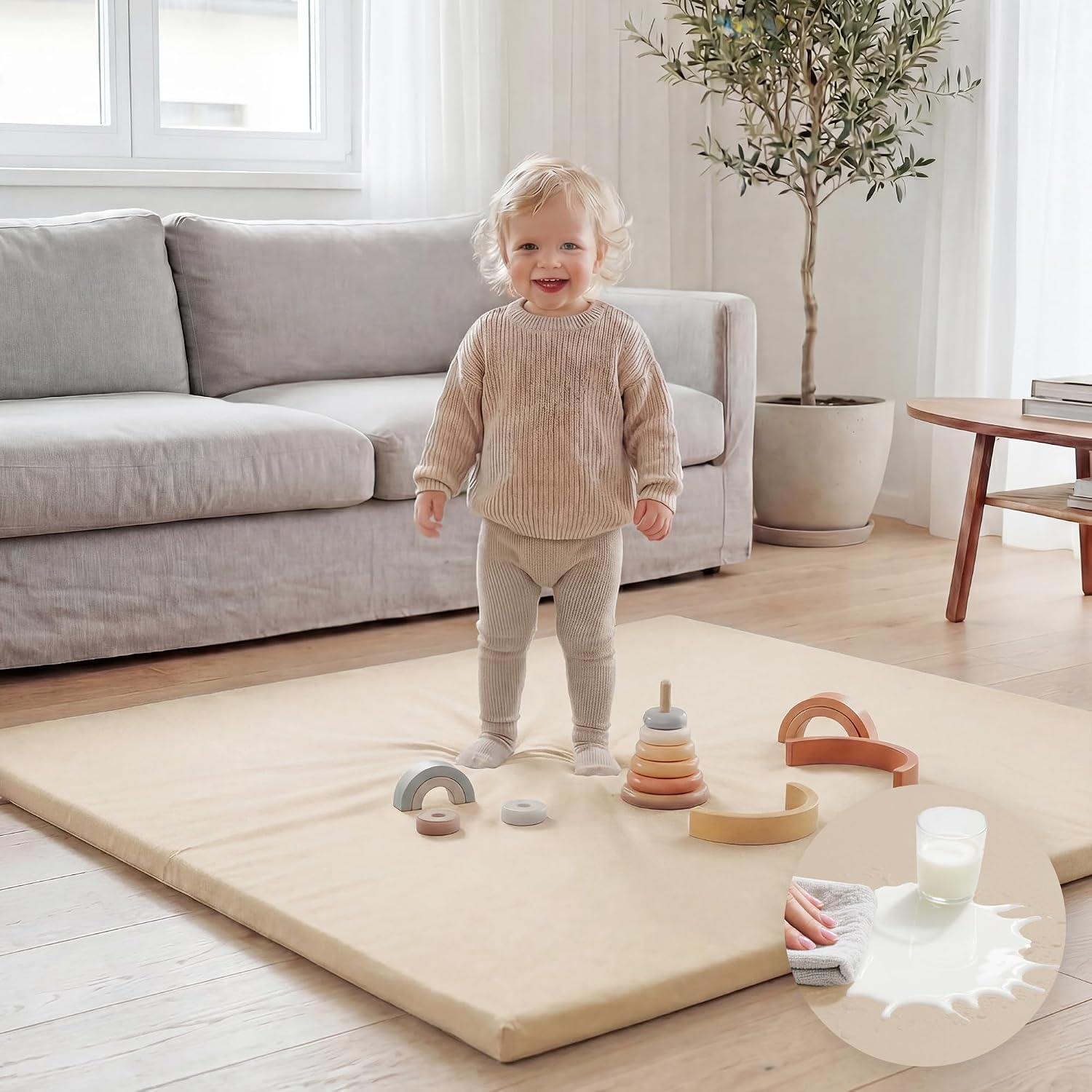 Huloo Sleep Baby Play Mat 50x50 Inches, 1.3" Thick Padded Waterproof Floor Cushion & Playpen Mat with Vegan Leather, Non-Slip & Non-Toxic Nursery Rug for Infants, Toddlers & Kids(Beige)