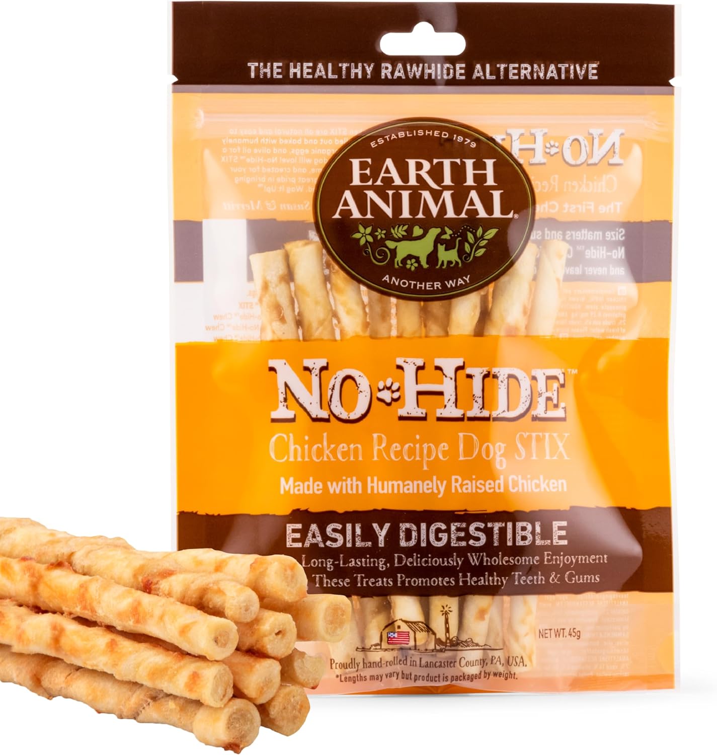 Earth Animal No Hide Dog Chews Natural Long Lasting Dental Sticks for Small Dogs Training Treat Gift - Chicken, Stix, 10 Pack (45g)