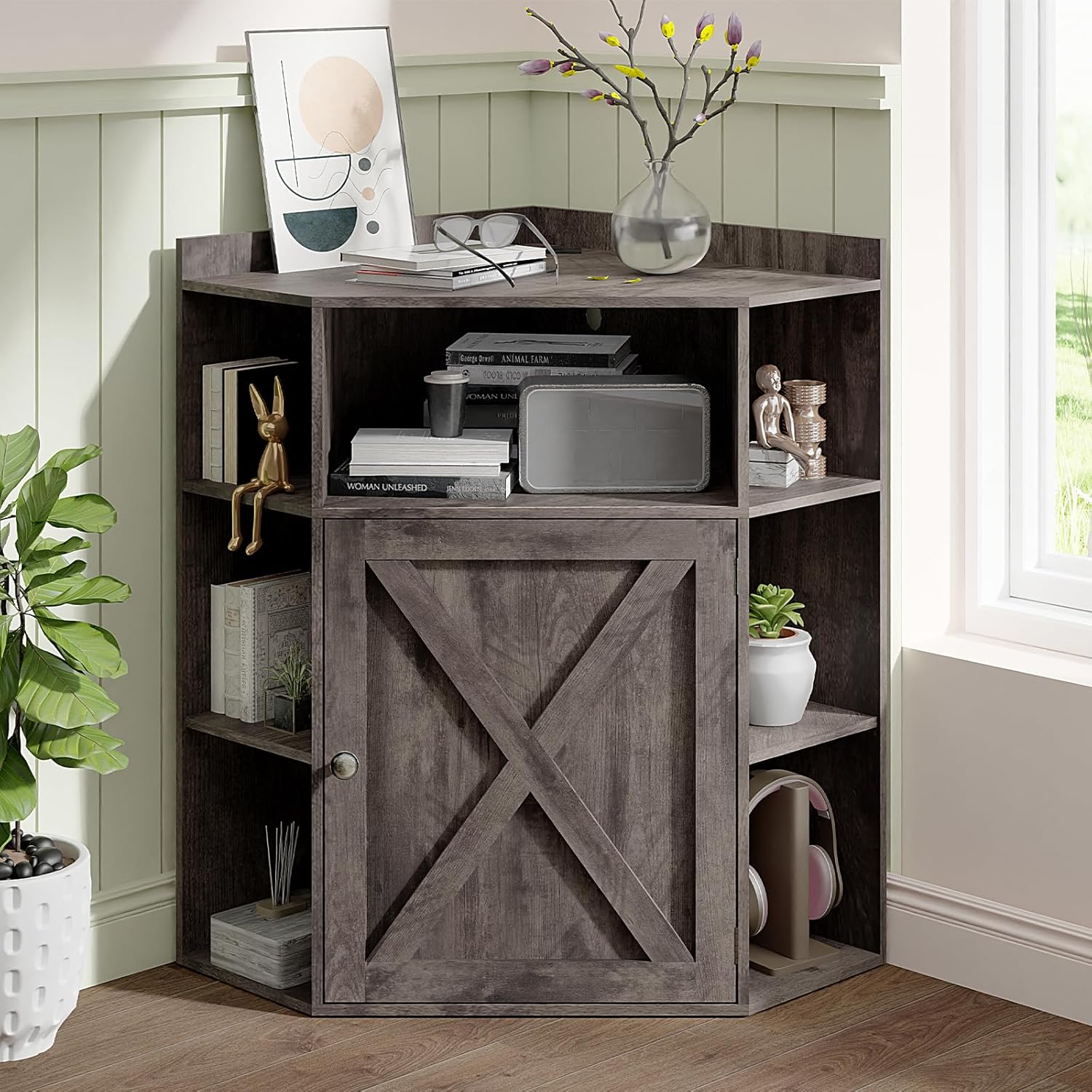 Vabches Corner Cabinet, Corner Storage Shelf with USB Ports and Outlets Industrial Organizer for Small Space Wooden 6-Cubby Bookshelf for Study, Playroom, Living Room (Rustic Grey)
