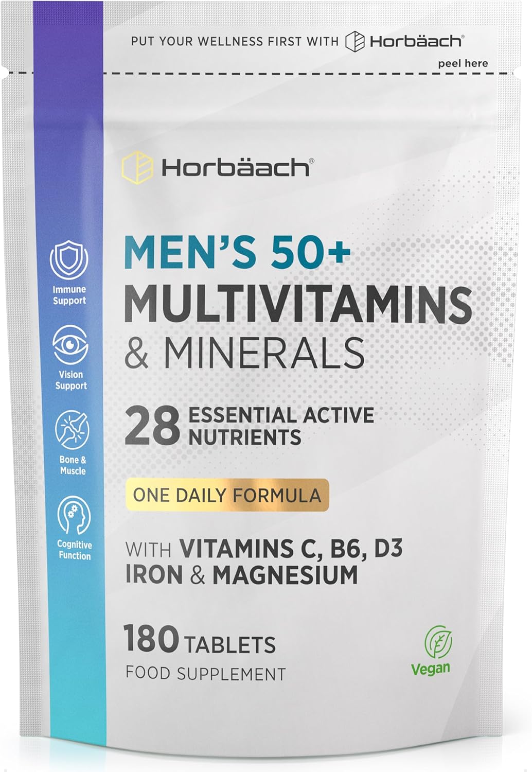 Multivitamin Tablets for Men 50 Plus | 180 Count | One-a-Day Formula | 28 Essential Nutrients | with Vitamin C, B6, D3, Iron and Magnesium | Vegan | by Horbaach