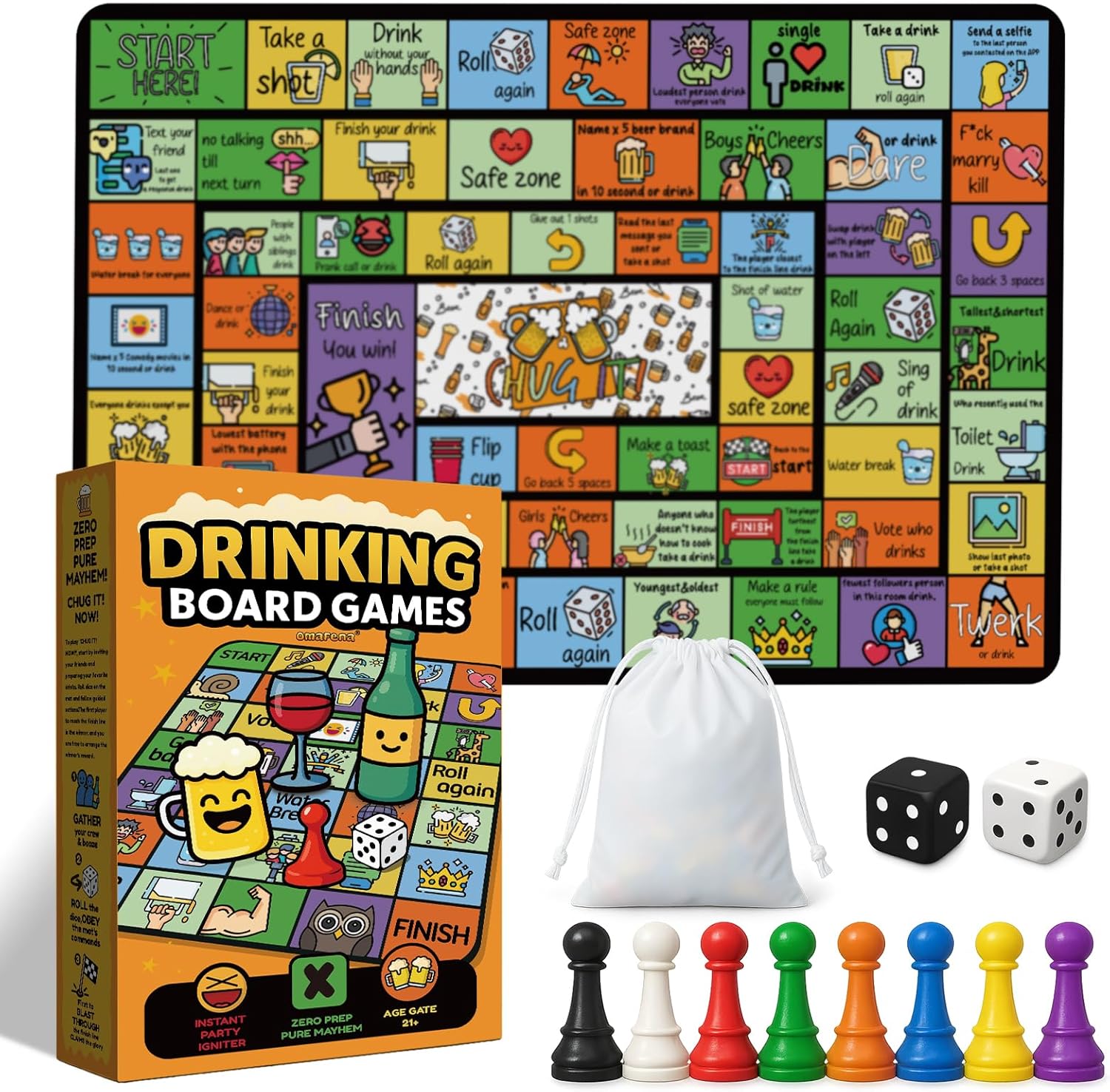 Drinking Game for Adults – Funny 21+ Party Board Game with Rubber Mat – Drunk Games, Bachelorette Party, College Night, Birthday, 2-8 Players