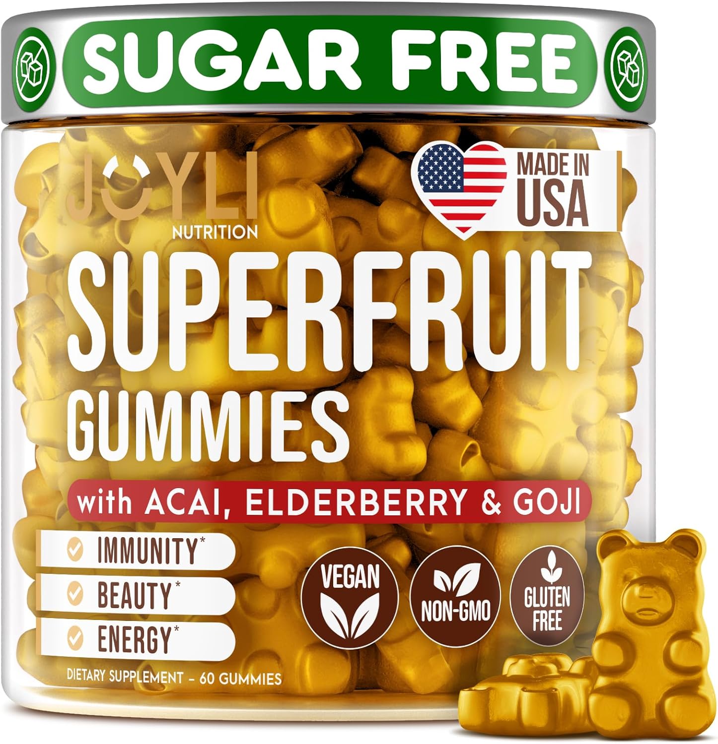 Joyli Superfruit Gummies - Sugar-Free Fruit Multivitamin Gummies for Adults - Natural Gummy Vitamins for Women & Men with Goji, Elderberry, Vitamins A, C, D & E - Supports Immunity, Digestion & Energy