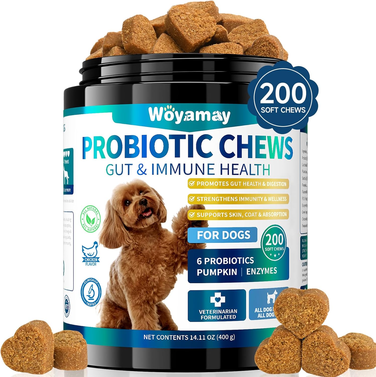 Woyamay Probiotics for Dogs, Dog Probiotics for Gut Support & Overall Wellness, 200 Chicken Flavour Soft Chews, Probiotic Chews for Dogs, Supports Gut Balance|Skin Comfort|Digestive Care for All Dog