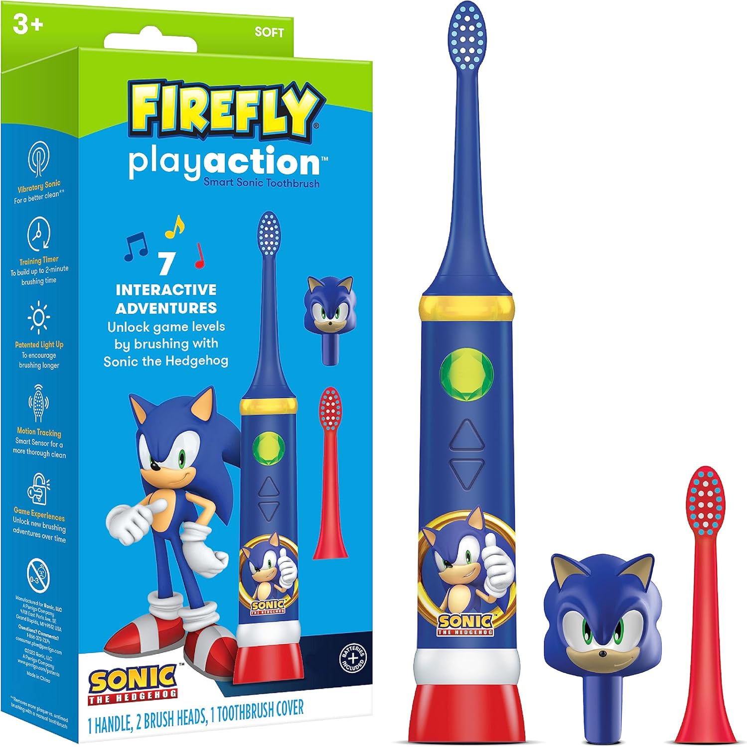 FIREFLY Play Action Sonic The Hedgehog Toothbrush Kit, Interactive Battery Operated Toothbrush with Lights, Music and Games, Batteries Included, Ages 3+