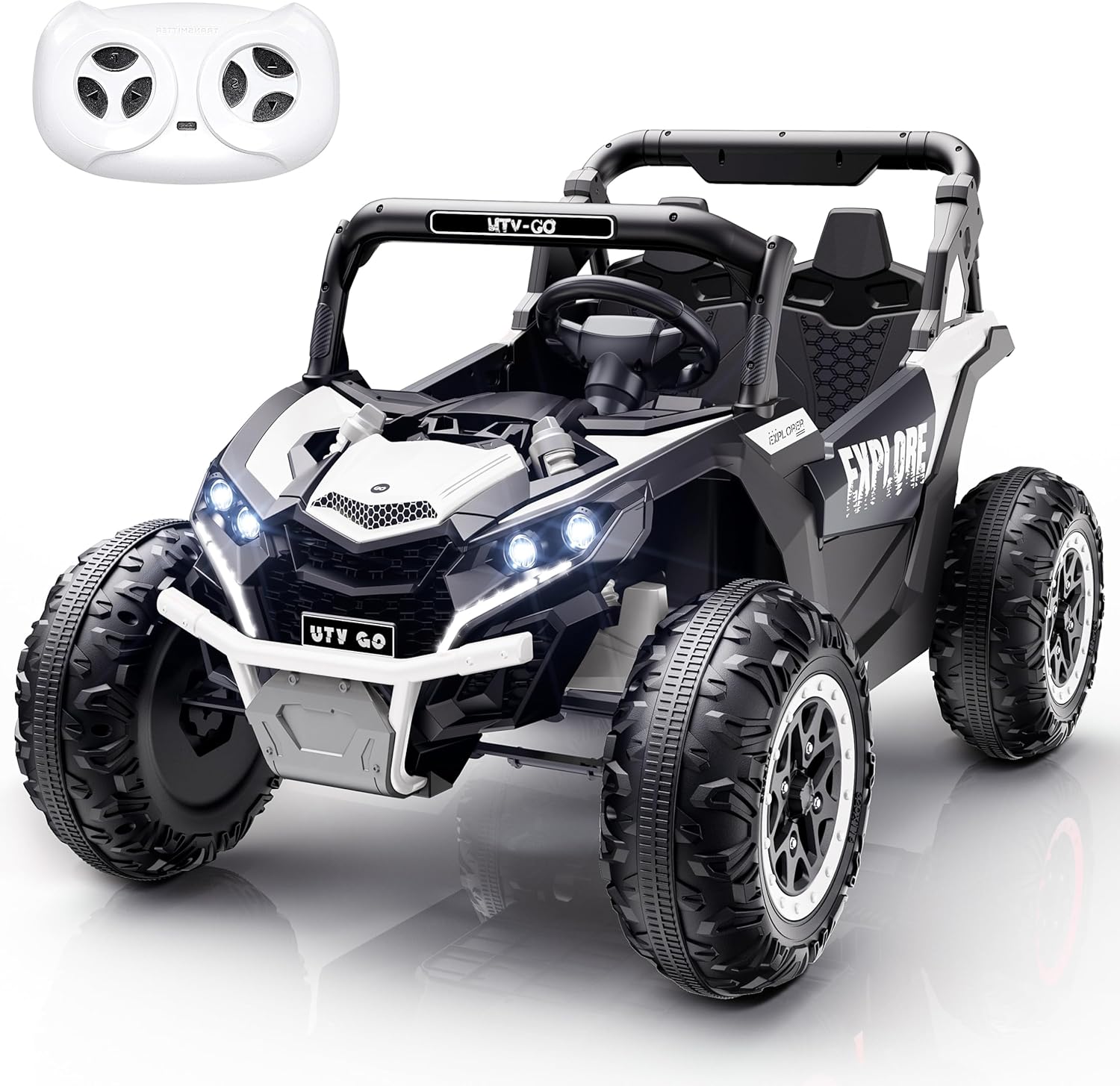 Evmore 4WD Kids Ride on Car, 24V Electric Off-Road UTV Truck, 20" Spacious 2 Seat, 7Ah Large Battery Electric Car with Remote Control, Safety Belt, Horn, Music, and Lights for Aged 3-8 Years (White)
