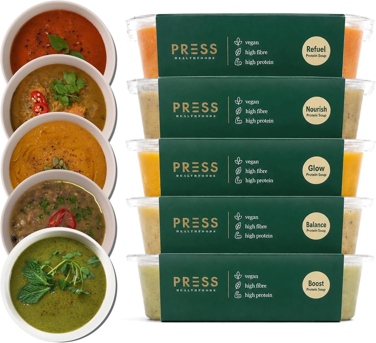 PRESS Healthfoods Protein Soup Bundle 5 x 375g | High Protein Vegan Soup Variety Pack | Protein Meals & Meal Replacement Soup | High Fibre Fresh Soups | Healthy Plant-Based Vegan Ready Meal