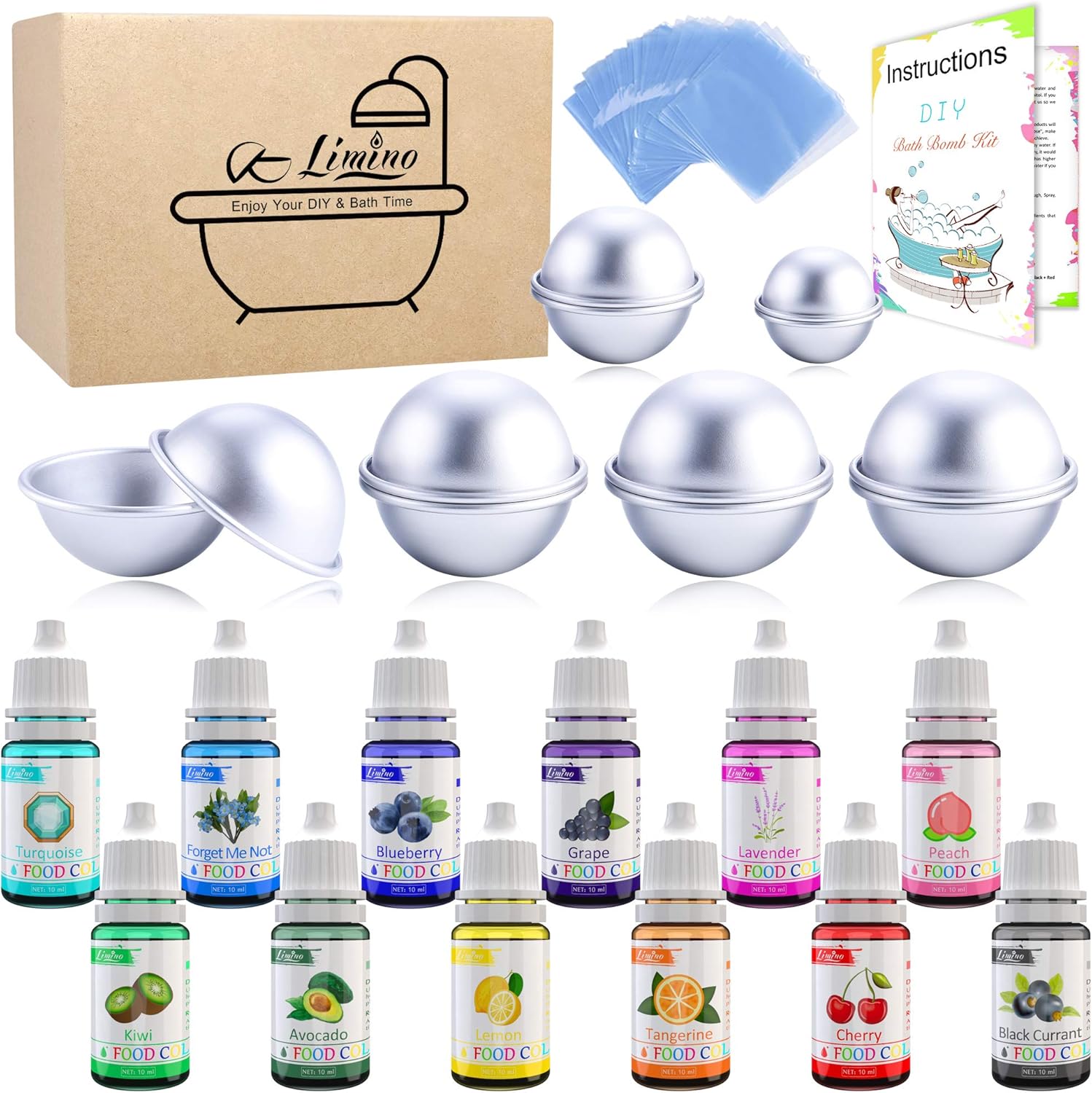 12 Pieces Bath Bomb Mold Set with 12 Soap Dye, Shrink Wrap Bags - DIY Bath Bombs Making Supplies Kit - Food Grade Skin Safe Bath Bomb Dye for Soap Coloring, Crafting Fizzles - with Instructions