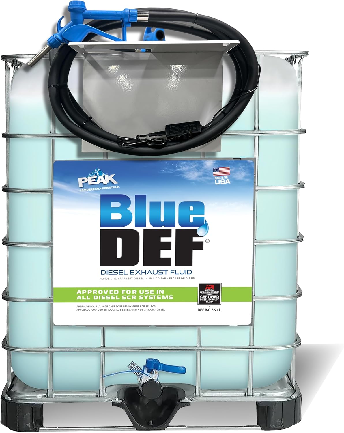 BlueDEF Pre-Filled Tote with Pump - 330 Gallons of Premium Blue DEF - Electric/Battery Powered DEF Pump System and 15ft Heavy Duty Dispensing Hose/Nozzle Included