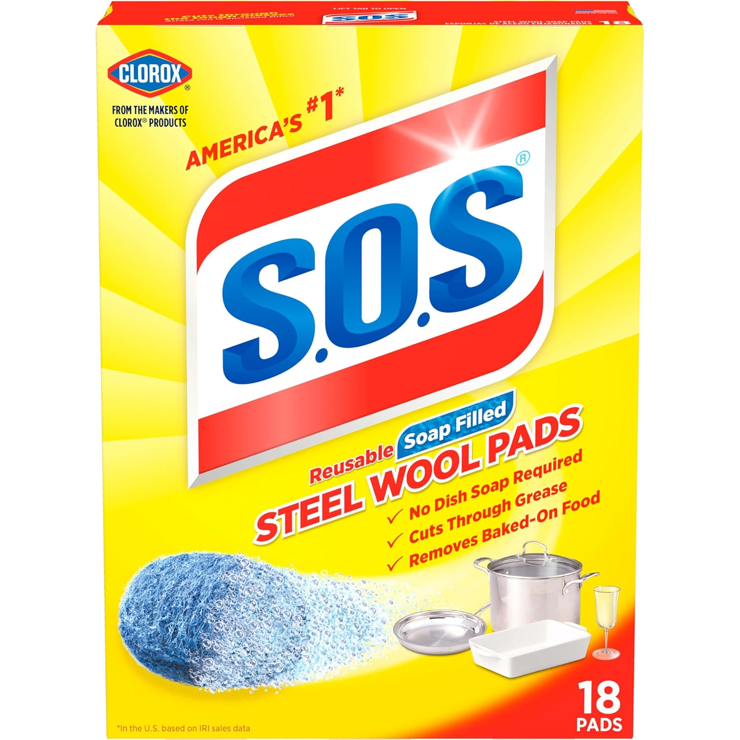 S.O.S Steel Wool Soap Pads, Home Cleaning Pads, Reusable Soap Scrubbers, Grease Cleaner, Outdoor, Bathroom or Kitchen Cleaning, 18 Count (Pack of 12)
