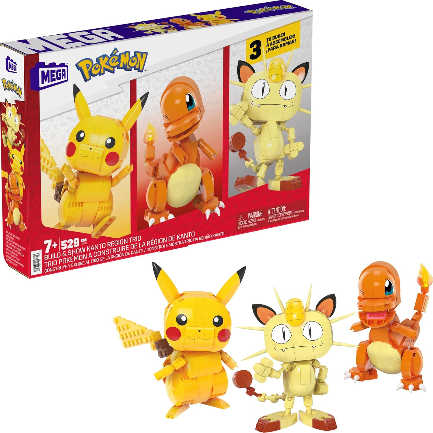 MEGA Pokemon Action Figure Building Toys for Kids, Kanto Region Trio with 529 Pieces, Buildable and Poseable Pikachu Charmander Meowth