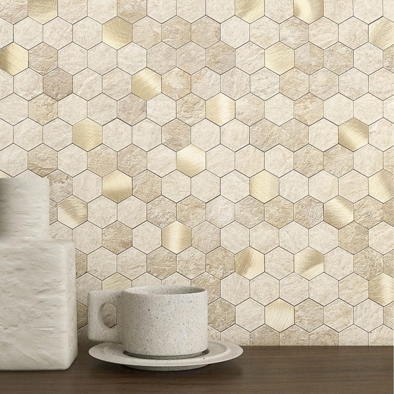 Hexagon Self Adhesive Wall Tile Stickers Beige 10pcs