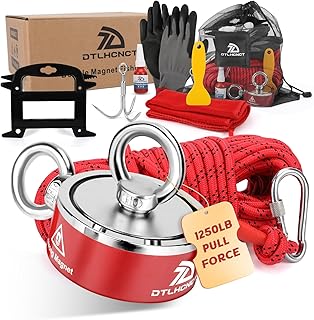 1250LB’s Double-Side Magnet Fishing Kit,Strong Neodymium N52 Magnet Kit with Rope, Carabiner, Gloves, Rope Winder,Grappling Hook&Carrying Bag,11 Piece Complete Set Fishing Magnet Kit