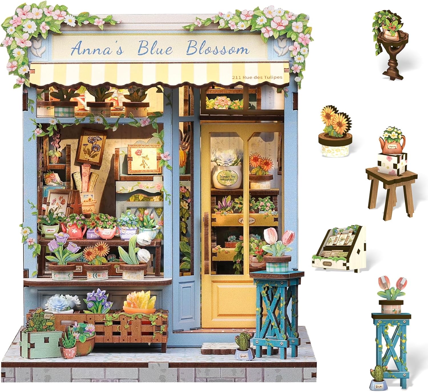 Cutefun Book Nook Kit - DIY Miniature House Kit for Adults and Teens, 3D Wooden Puzzle Mini House Building Kit with LED, Dollhouse Kit Bookshelf Insert Decor Creative Gifts (Anna's Blue Blossom)