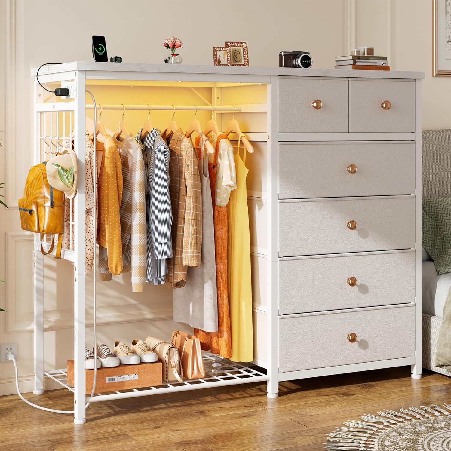 EnHomee 49.2" W White Dresser for Bedroom with Hanging Rack, 6 Drawers Dresser with LED Lights & Charging Station, Fabric Dressers & Chest of Drawers with Rack, Wooden Top, Grid Panel