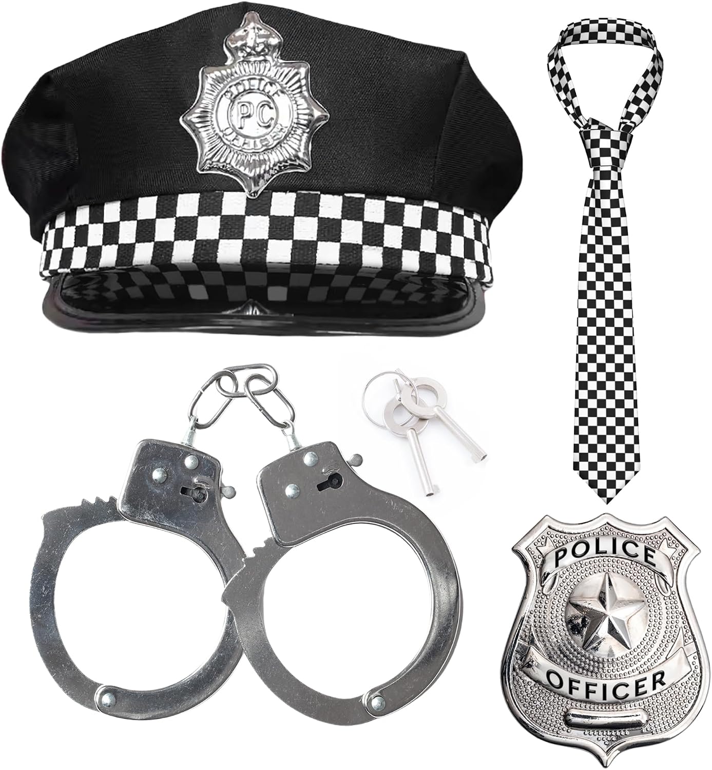 4pc Police Costume Accessories - Hat, Tie, Metal Handcuffs & Badge