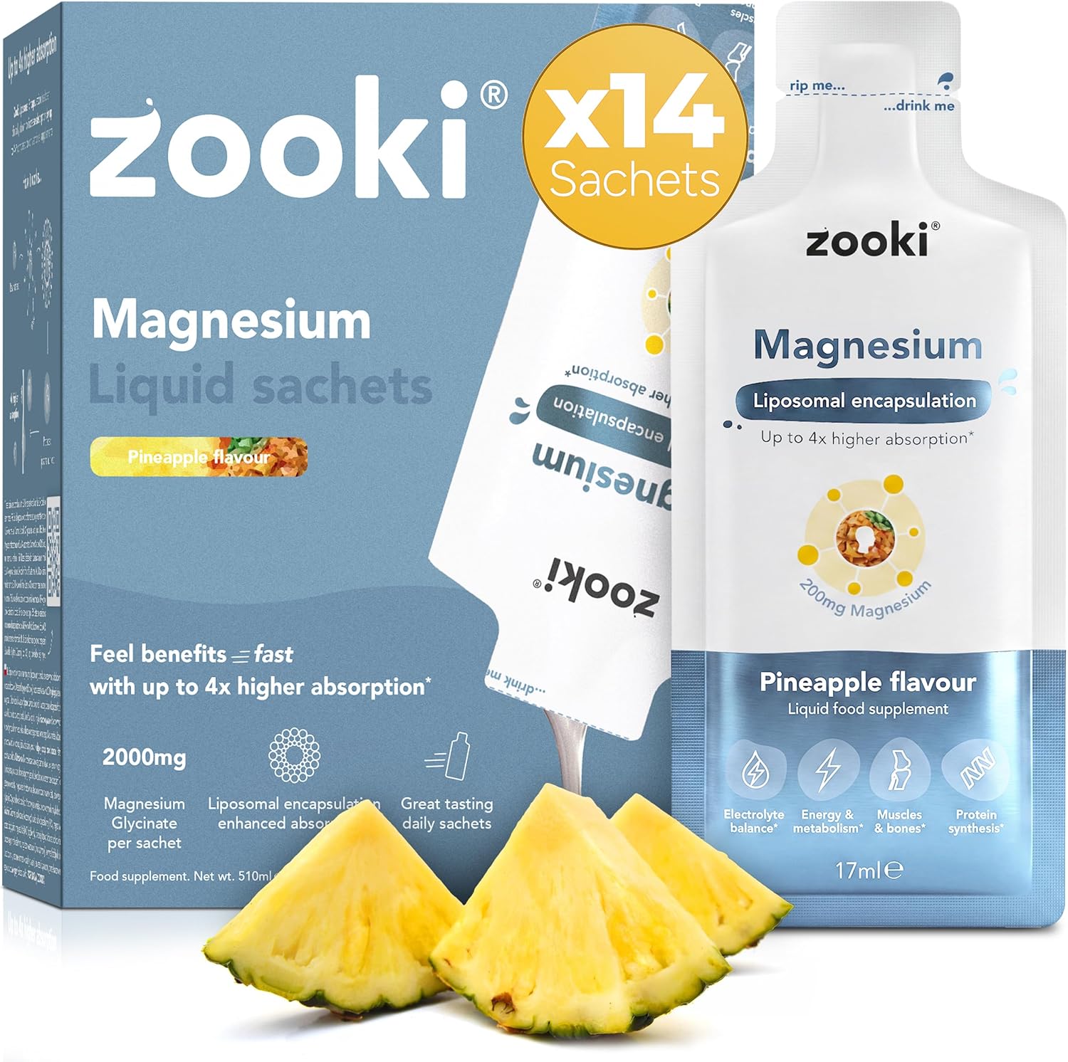 Zooki Liposomal Magnesium Glycinate 2000mg Sachets, Pineapple, 14 Servings