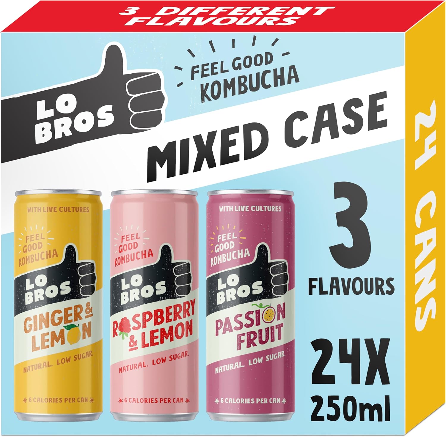 Lo Bros Kombucha - Mixed Pack with 3 Flavours - Sparkling Refreshing Soft Drink with Natural Ingredients and Live Cultures, Supports Gut Health, Low Sugar, Vegan, Gluten Free- 24 x 250ml