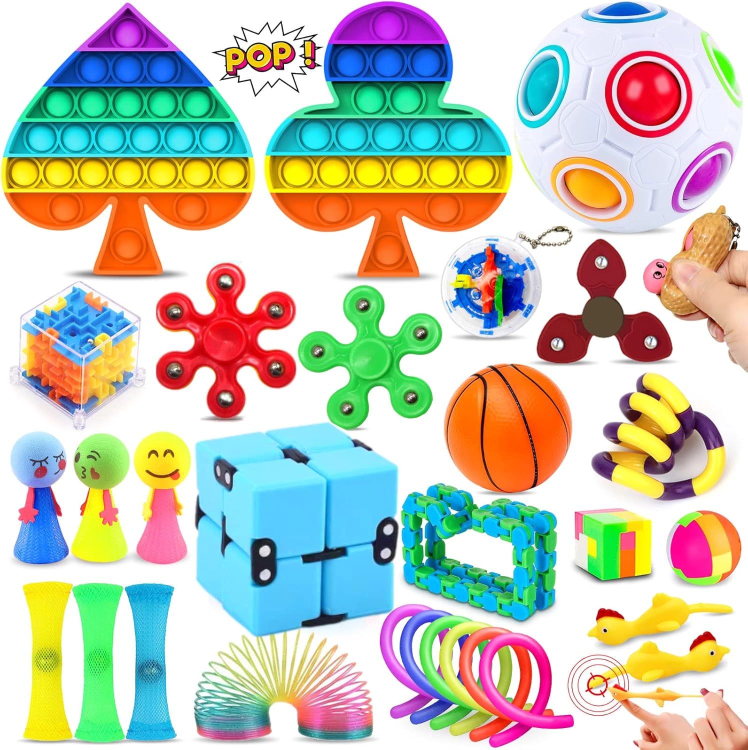 Chennyfun Rainbow Fidget Toy Set, 30 Pcs Sensory Toys for Autism ADHD, Stress Reliever with Toy Box Push-It Toy, Infinite Cube, Stress Ball Anti-anxiety Birthday Gift for Teen Children Adult