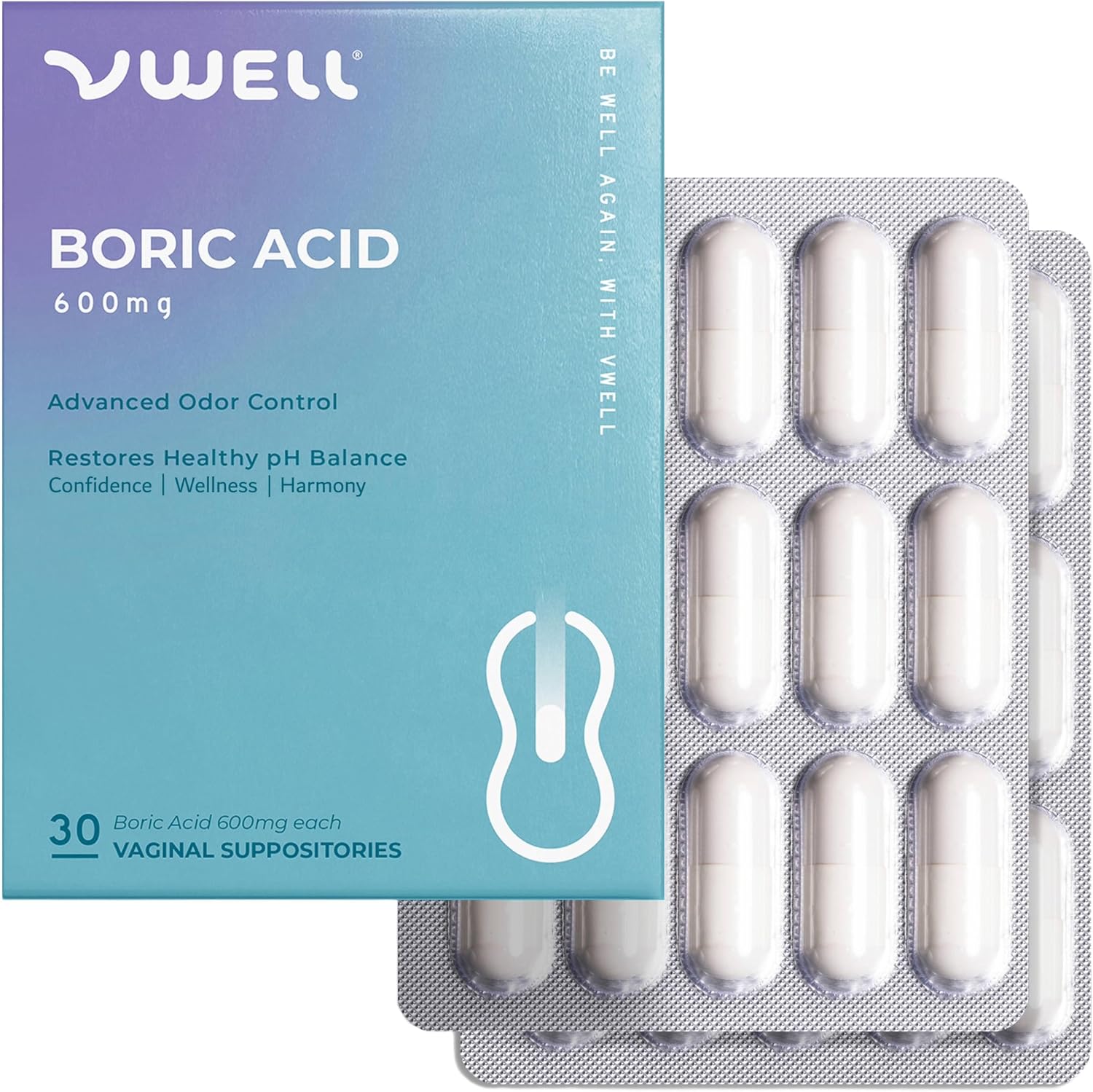 VWELL Boric Acid Suppositories Clinically-Studied Dosage, Vaginal Odor Care
