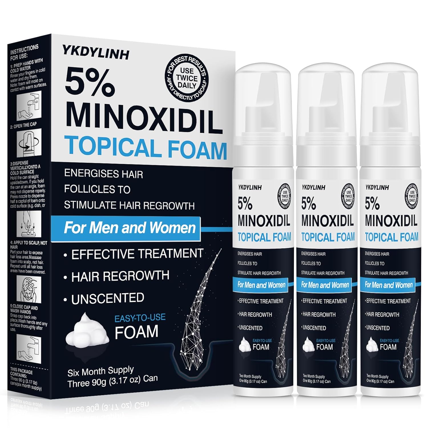 5% Minoxidil Foam– Hair Regrowth Treatment for Men & Women, Prevents Hair Thinning & Strengthens Roots, Minoxidil Foam for Fuller, Healthier Hair