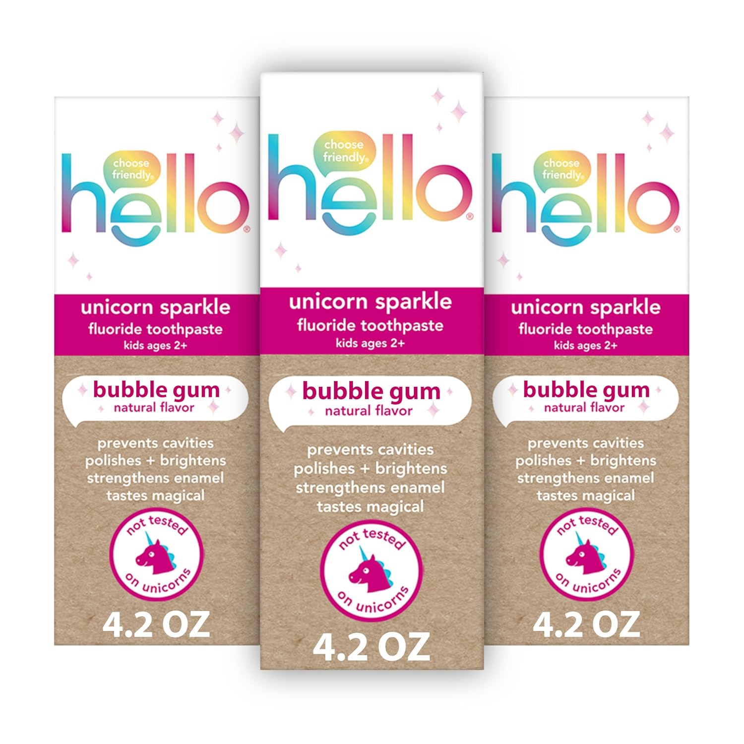 hello Unicorn Sparkle Kids Fluoride Toothpaste, Natural Bubble Gum Flavor, ADA Approved, Ages 2+, No Artificial Sweeteners, No SLS, Gluten Free, Vegan, Pack of 3, 4.2 oz Tubes