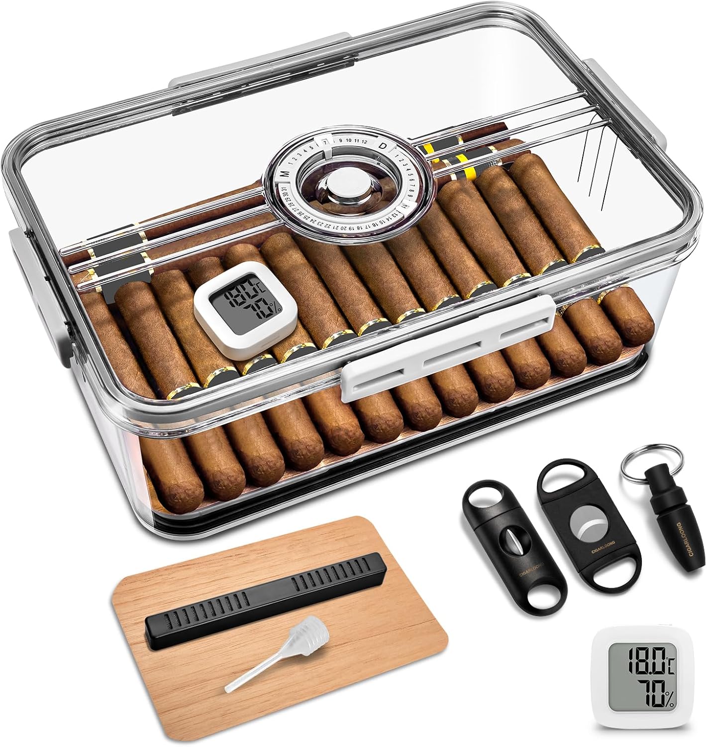 CIGARLOONG Cigar Humidor Large with Cedar Shelves, Cigar Cutter Punch and Hygrometer & Humidifier, Acrylic Cigar Desktop Box Storage for 100 Cigars Partition Clear Airtight Cigar Humidor (Medium)