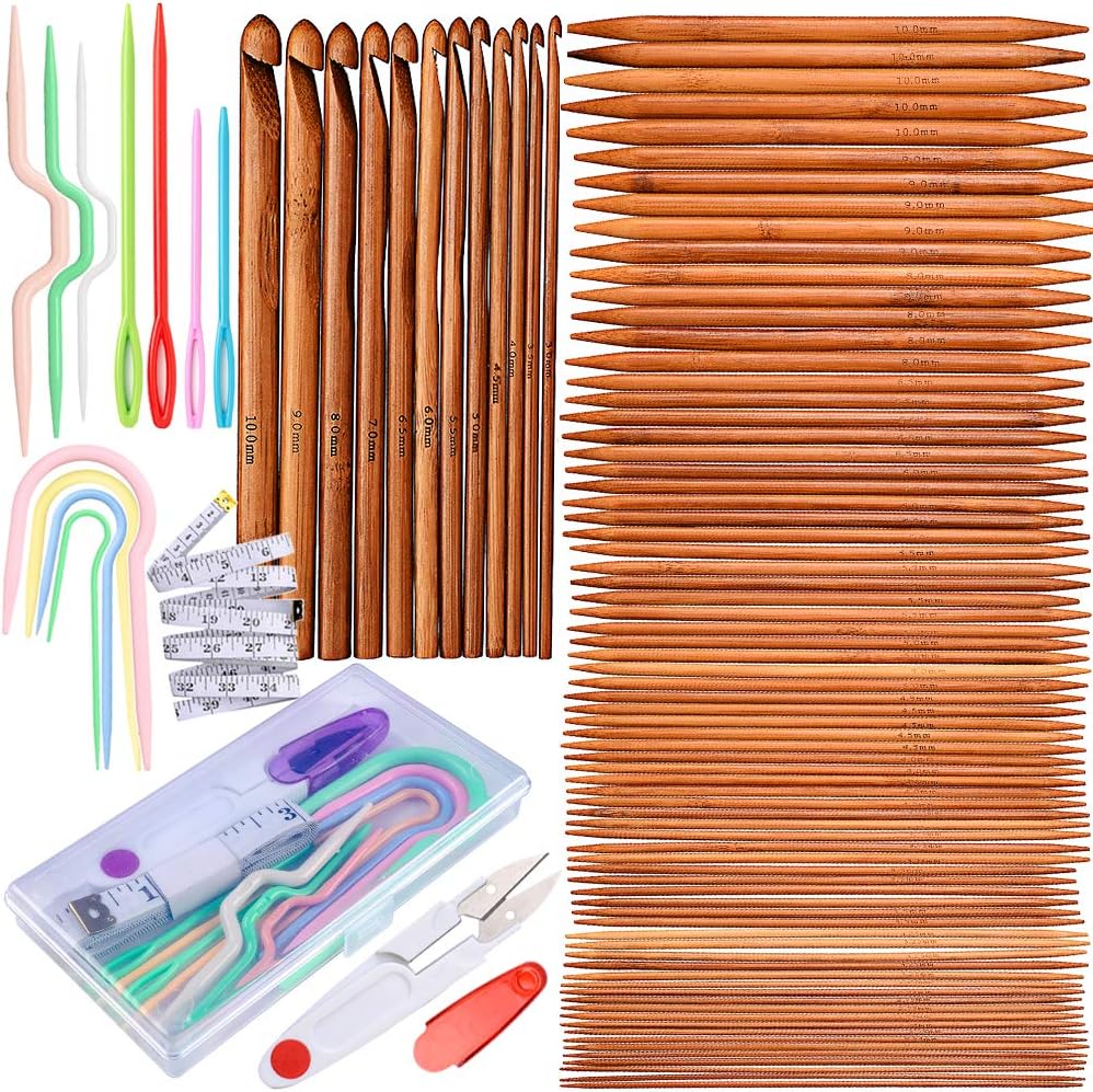 Knitting Needles Set, Exquiss 75PCS Bamboo Double Pointed Knitting Needles (7.9'' Length), 12pcs Crochet Hooks Set (6.1'' Length), Crochet Kits are Included, 12 Sizes: 2mm-10mm, 15 Sizes: 3mm-10mm