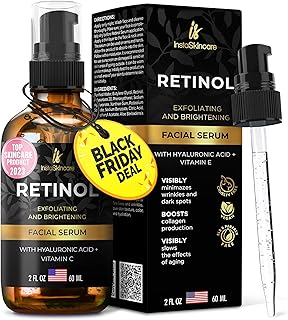 DOUBLE SIZED (2Oz) Retinol Serum for Face with Hyaluronic Acid + Vitamin E and A + Aloe Vera Anti-Aging Serum Pore Tightener Fade Dark Spots Clinical Strength Formula by InstaSkincare
